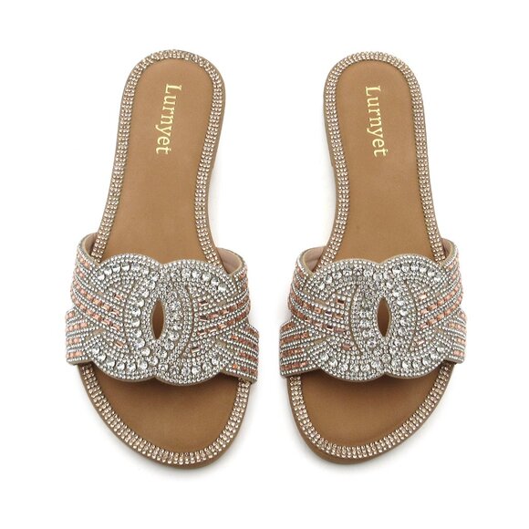 Lurnyet Women's Comfort Cushion Crystal Rhinestone Slide Flat Slip-On Sandals - Picture 5 of 6